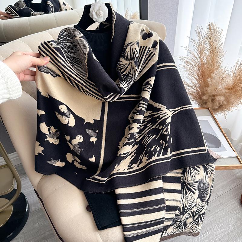 Luxury Thermal Cloak Cashmere Winter Women'S Scarf Gingko Leaf Shawl  Thick Cashmere Blanket Bufanda Travel Echarpe