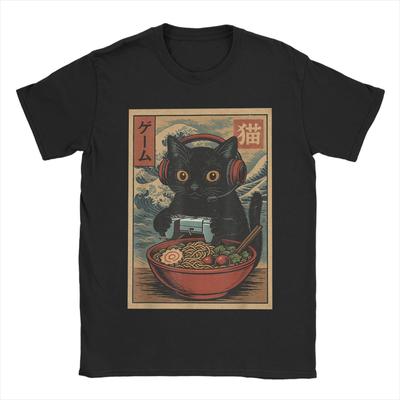 Awesome Japanese Black Cat Ramen T-Shirts Men O Neck 100% Cotton T Shirts Kawaii Noodle Cat Short Sleeve Tees Original Tops