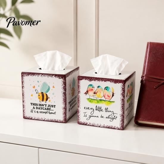 Durable Waterproof Tissue Container Iron Art Square Box, Bee And Bird Watercolor Print Farmhouse Style Paper Napkin Case Holder, Pastoral Decorative