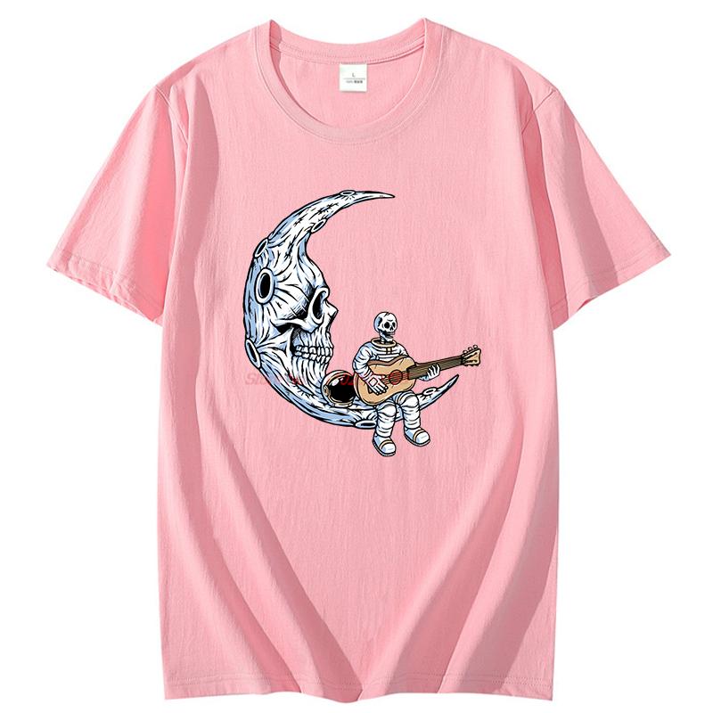 Skeleton Astronaut Guitar On Moon Funny Graphic T Shirts Summer Tees Tops Cotton Short Sleeve Tee Unisex Streetwear T Shirt