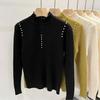 Women's Lace High-Neck Knit Sweater Autumn/Winter Beaded Solid Color Knit Pullover Sweater Stretch Knit Base Shirt
