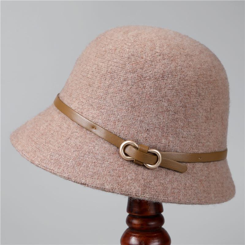 

Belt buckle wool hat women s autumn and winter fashion simple small edge bucket hat shows the face small dome basin hat versatile M（56-58cm）