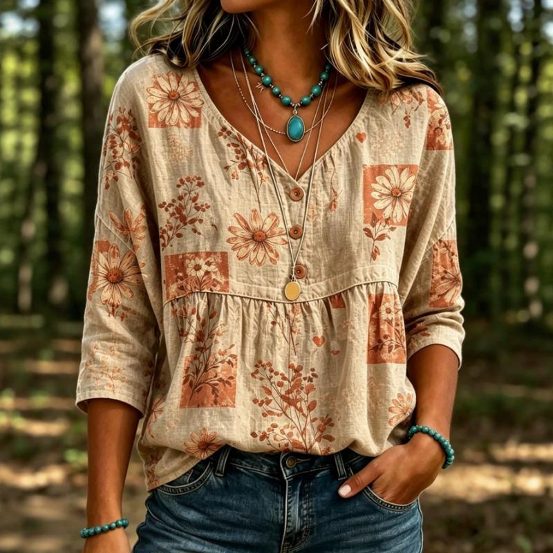 Women S V Neck Printed Loose 3 4 Sleeve Casual Top