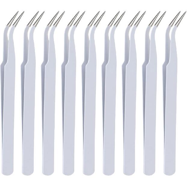 9 Pieces White Precision Tweezer with Protective Cover, Curved Pointed Craft Tweezers Stainless Steel Multipurpose Tweezer for Scrapbooking Stickers