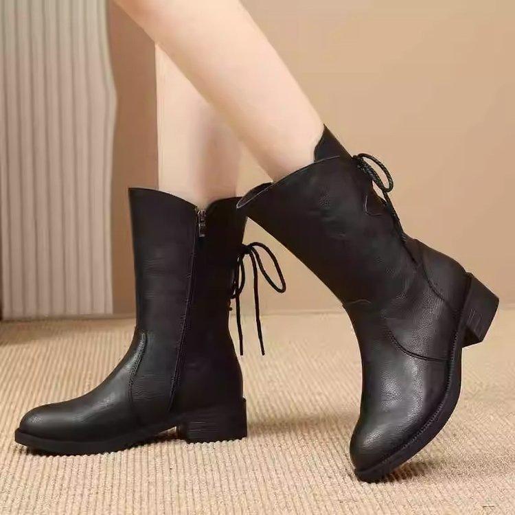 

Fleece boots Warm soft leather Martin boots New thickened medium heel medium tube thick heel cotton boots in autumn and winter 35