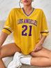 Neues Los Angeles Nr. 21 Bedrucktes T-Shirt Für Damen Sommer V-Ausschnitt Kurzarm Sport Fußballtrikot Y2K Locker Übertrieben Große Oberteile