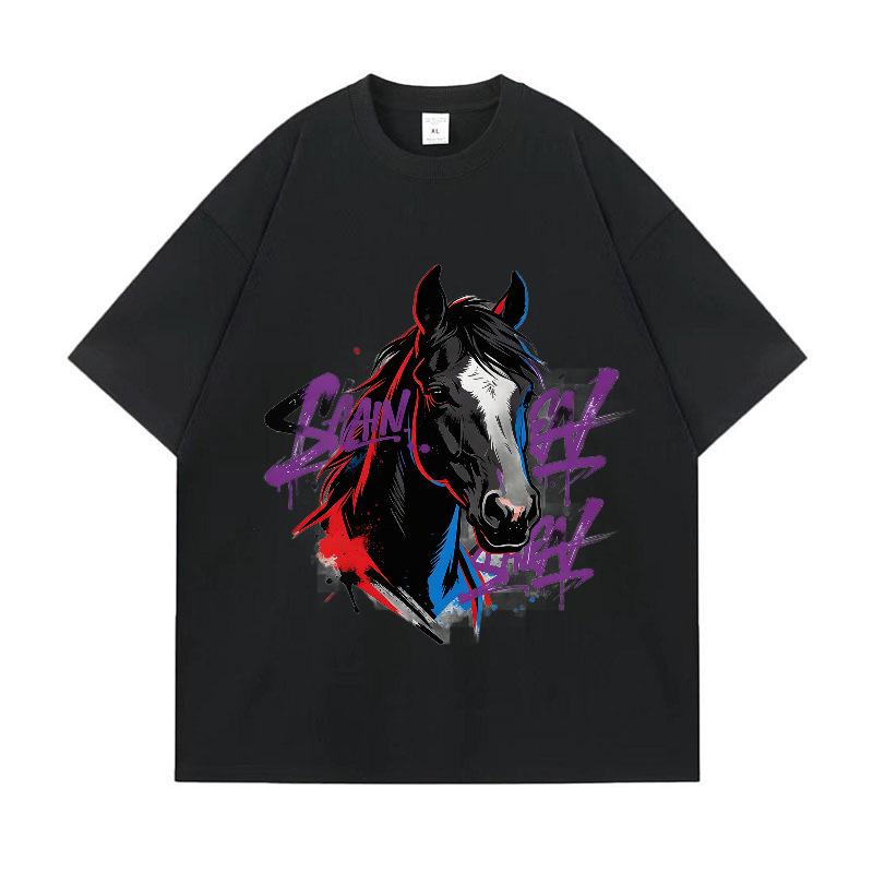 Digital Printing American Retro Horse Pattern Loose Short-Sleeved T-Shirt Digital Direct Injection Printing Custom