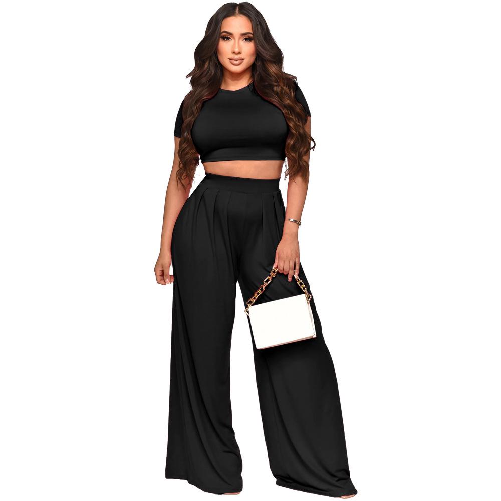 Crop Top & High Waist Loose Straight Leg Pants Set – Solid Color