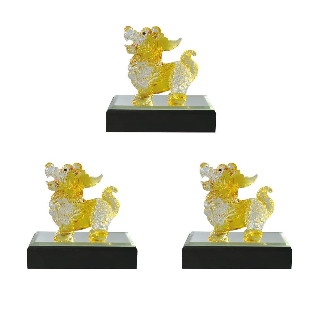 Four Cart Handmade Glass Feng Shui Good Luck Lucky Pixiu (Pixiu) Amber Small Set of 3