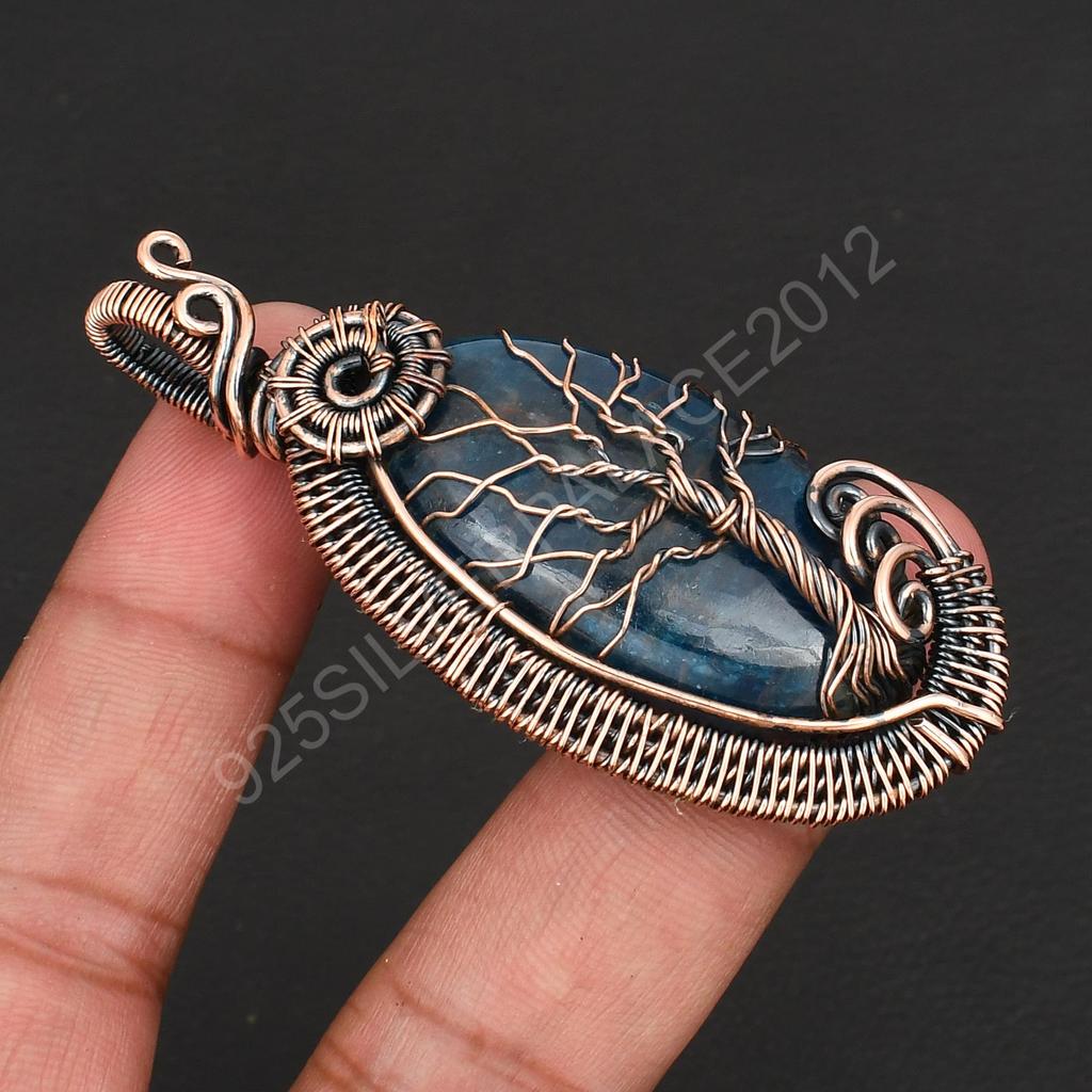 Handmade Tree of Life Apatite Gemstone Wire Wrapped Pendant Copper Wrapped Oval Crystal Necklace Charm for Women & Men Boho Healing Jewelry Gift