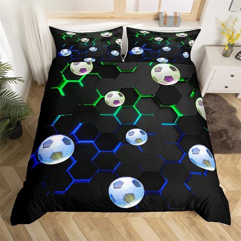 Soccer Duvet Cover Set King Queen Full Size Football Pattern Polyester Comforter Cover For Kids Teens Soccer Lover Bedding Set