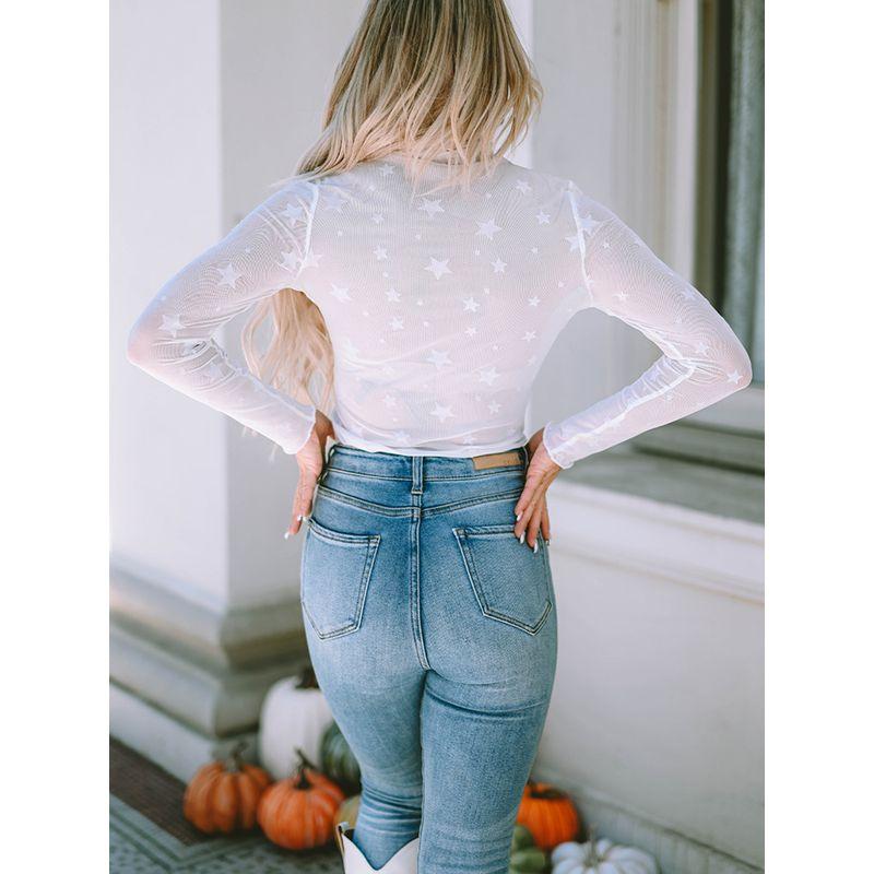 Fashion Five-Pointed Star Print Long Sleeves Thin T-shirt Female 2024 Autumn Thin Elderly Mesh Bottoming Shirt Tops Female