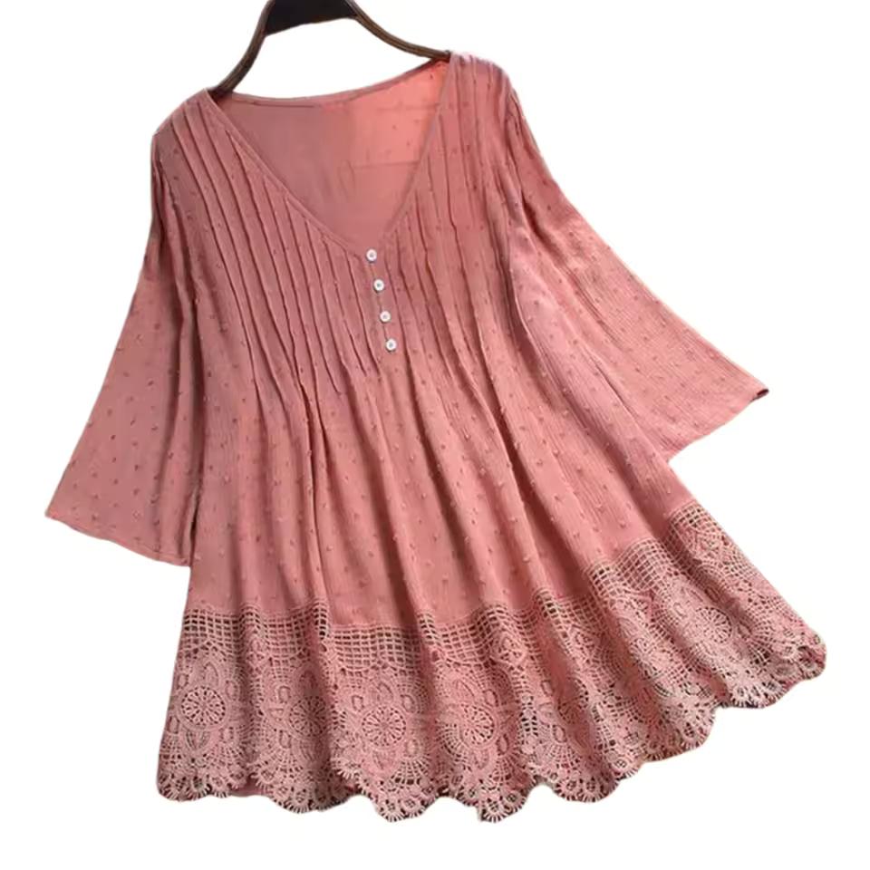 Women's Cotton Linen Blouse Tops Fashion Lace Hollow Out V-neck Shirt Ladies Retro 3/4 Sleeve Loose Casual Tops Plus Size