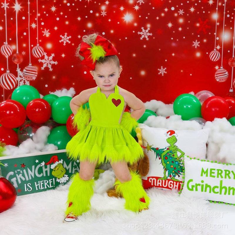 Christmas Costume Green Hair Grinch Short Skirt Cartoon Fairy Skirt Cosplay Princess Dress Performance Dress