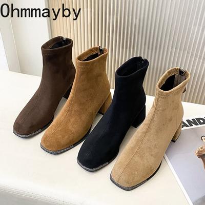 Autumn Winter Rhinestone Square Toe Stretch Slim Women Ankle Boots Street Style Banquet Party High Heel Short Botas Mujer