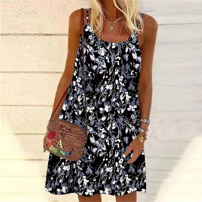 

Жіноча міні-сукня без рукавів з квітковим принтом із синьою феєю, літня пляжна сукня-сарафан без рукавів 5XL чорний
