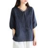 Women's 2023 Summer V-Neck Embroidered Cotton Linen Mid-Sleeve Shirt