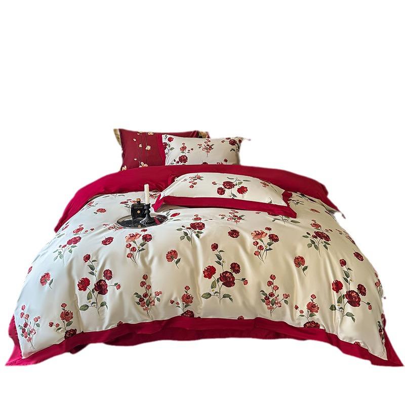 100-Piece Light Luxury Long-Staple Cotton Reactive Print 4-Piece Bedding Set with Wide-Edge Bed Sheet & Duvet Cover