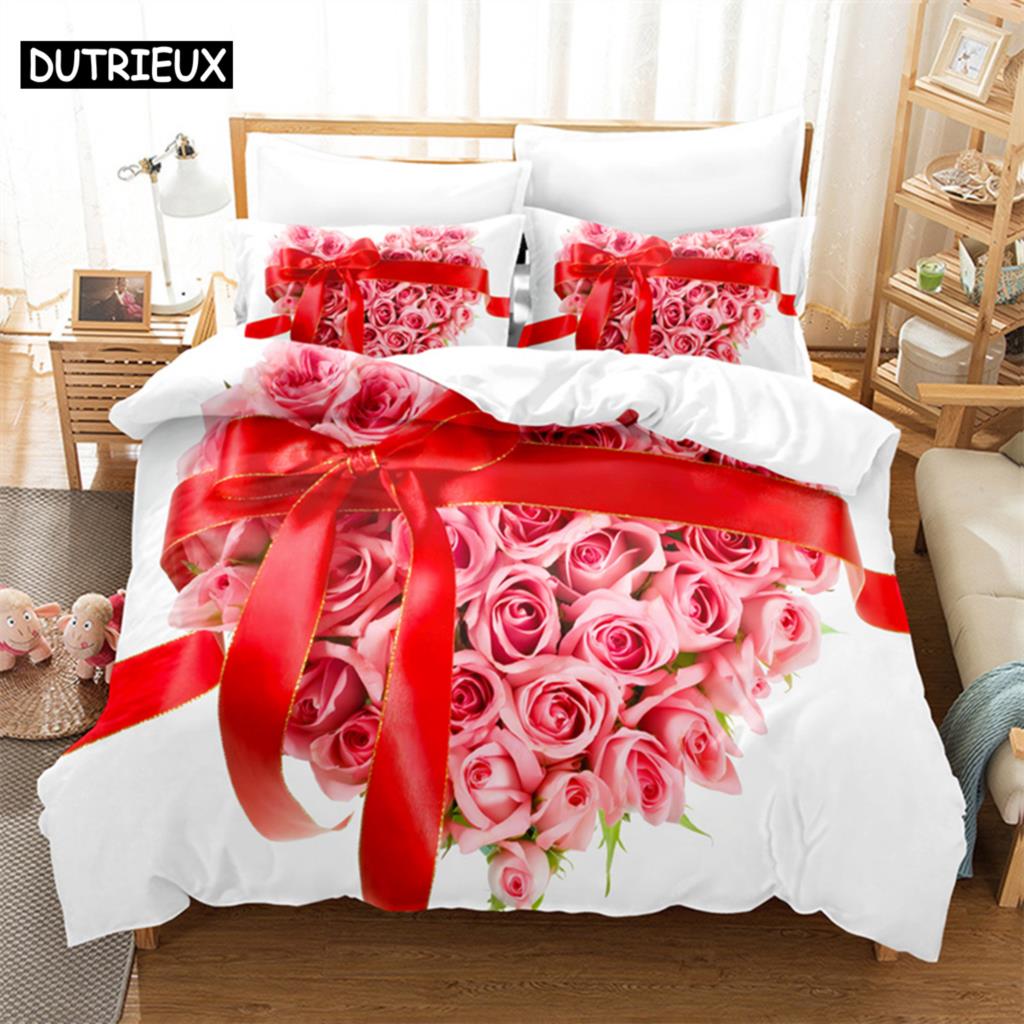 Pink Rose Queen Bedding Set Boys Girls Duvet Cover Bedroom Bed Set Comforter Cover Set King Size Duvet Cover Set Bedding Sets