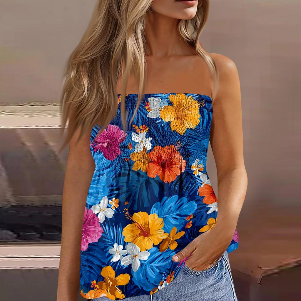 Women's Summer Fashion Strapless Top, Cute and Sexy Off-Shoulder Hawaiian Print Sleeveless T-Shirt