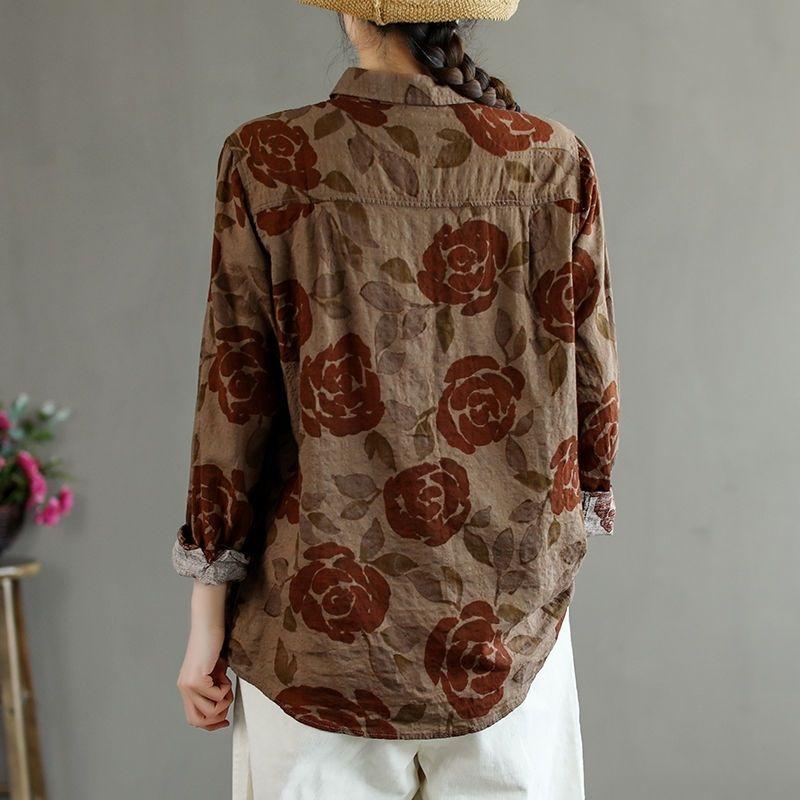 Vintage Printing Graphic Blouses Loose Straight Neutral Casual Turn-down Collar Button Autumn Winter Thin Women's Clothing 2022