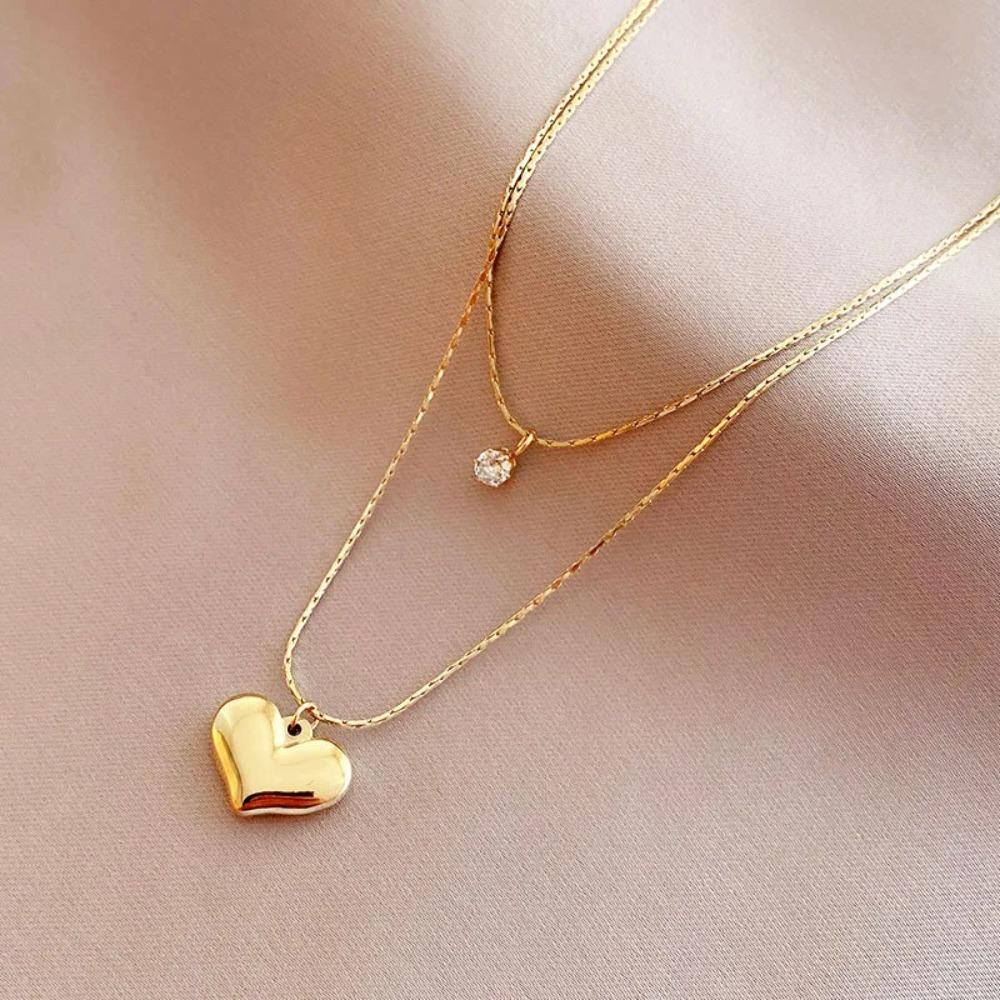 Stainless Steel 14K Gold Heart Pendant Necklace Women's Simple Chain Stylish Design Sense Jewelry Double Layer