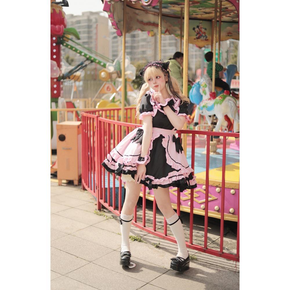 New Black Pink Maid Costume Cos Sweet Girl Cute Cat Bow Soft Girl Suit Skirt