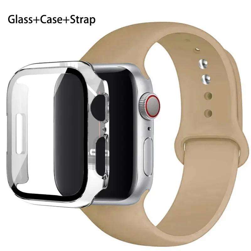 Glass+Case+Strap For Apple Watch band 46mm 45mm 44mm 41mm 40 38mm Silicone watchband bracelet iWatch series 10 9 8 7 6 5 4 3 SE