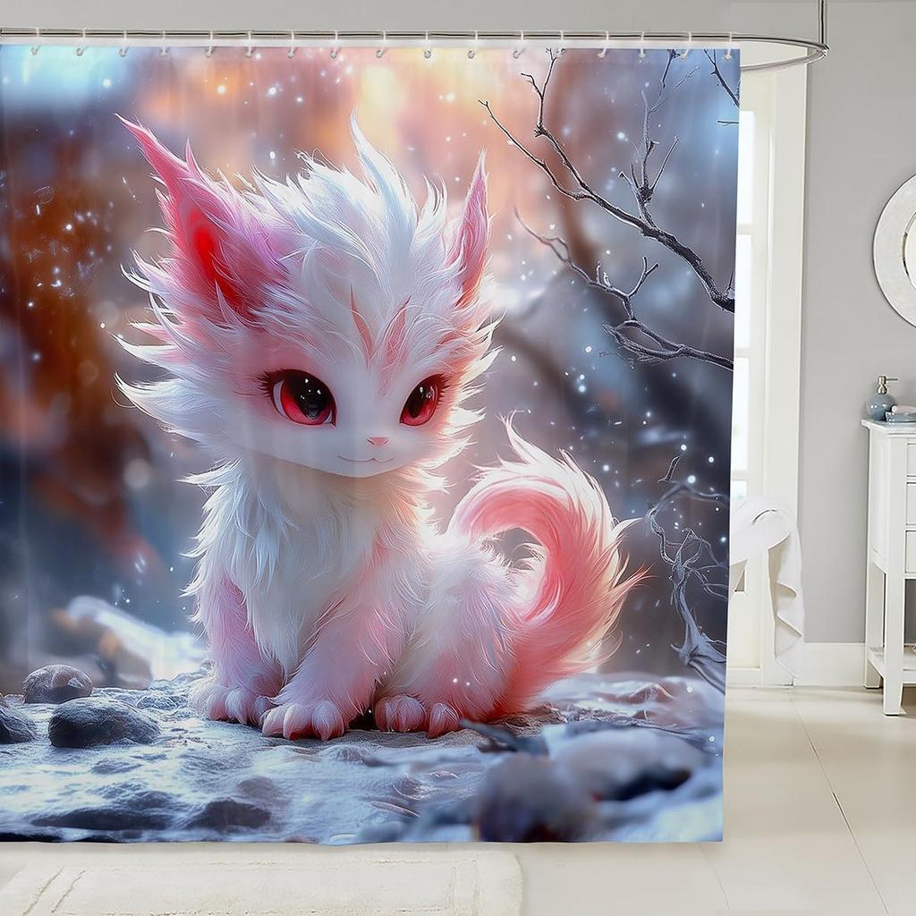 Plain White Cat Fabric Shower Curtain for Girls Cute Kitten Shower Curtain Pet Kitten Bathroom Shower Curtain Sets for Kids Boys