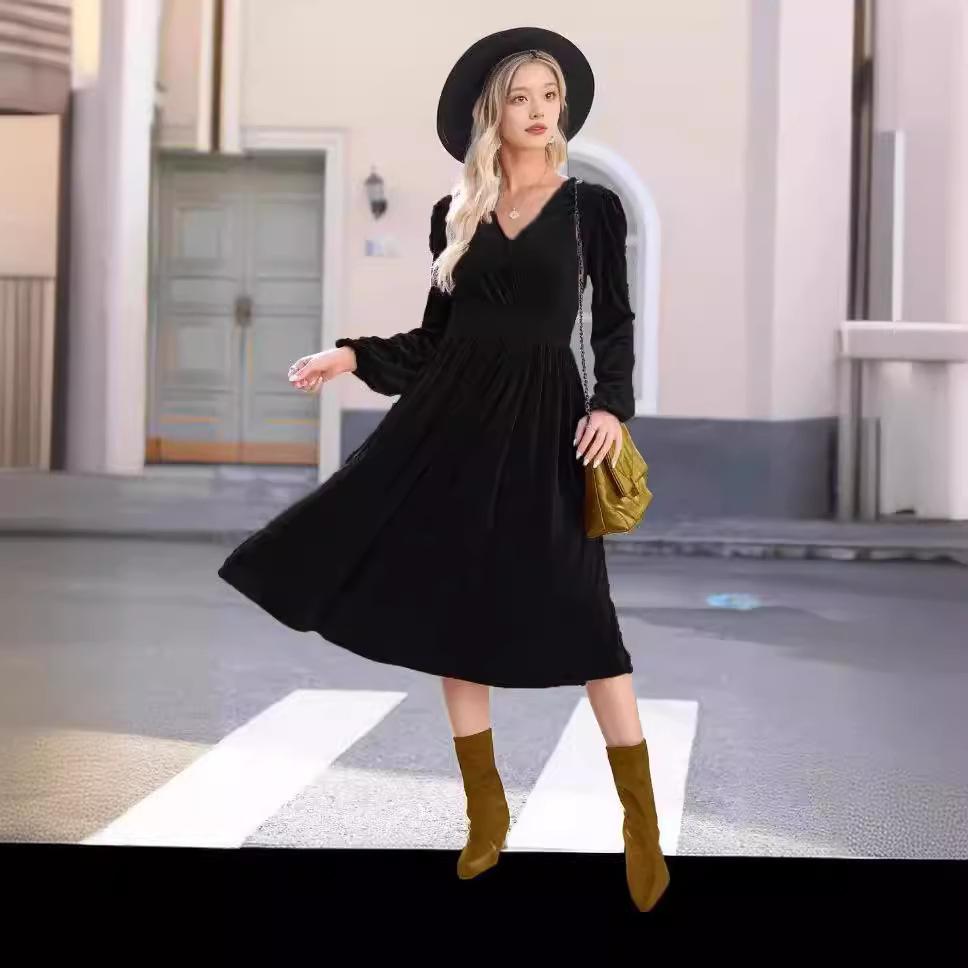 GMXIA Women's Fashion Spring Autumn Solid Color Print Long Sleeve V-Neck Casual Dresses