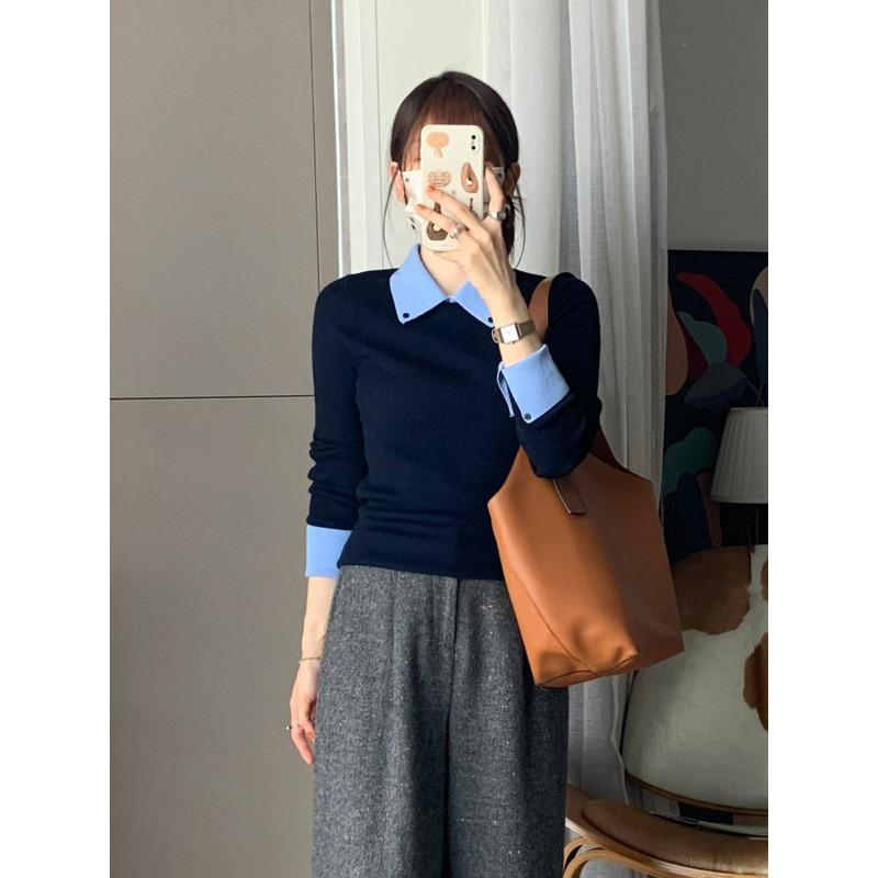 Contrast Color Polo Lapel Knitted Sweater Women's Autumn and Winter Slim and Thin Inner Long-sleeved Bottoming Top Soft Waxy Sweater