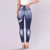 Women Button High Waist Pocket Elastic Hole Jeans Trousers Slim Denim Pants