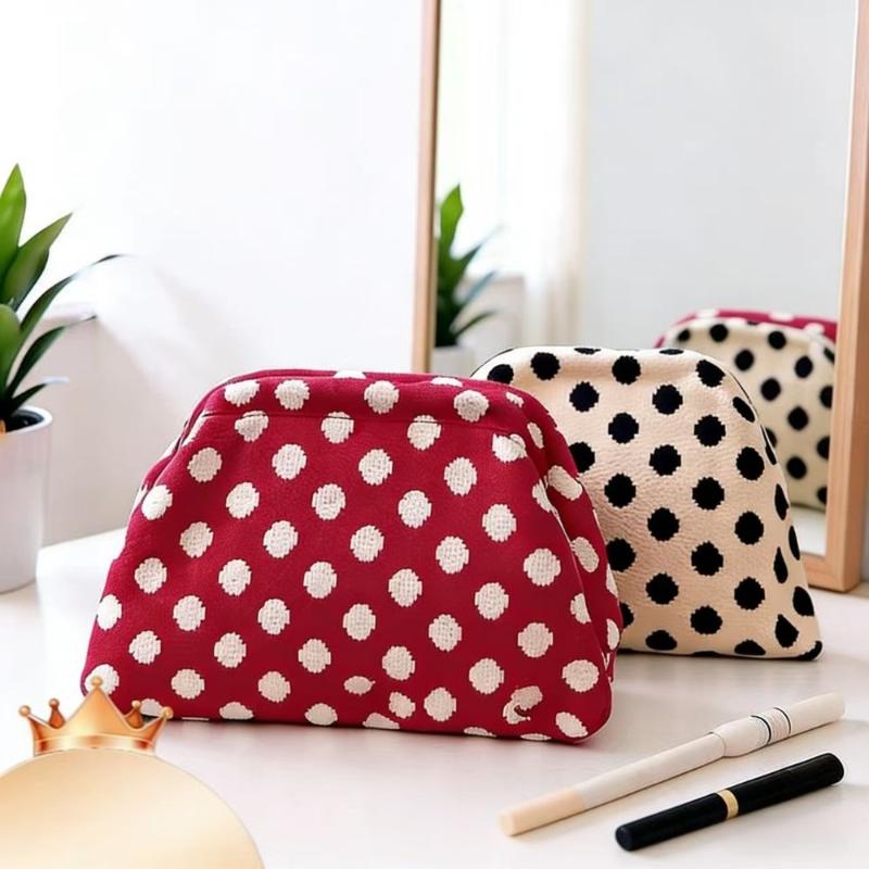 European And American Retro Polka Dot Makeup Bag, Knitted Color-Blocking Large Capacity Portable Cosmetic Pouch