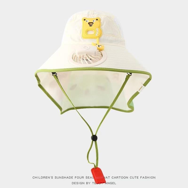 Kids Wide Brim Sun Hat Solar Rechargeable Fan Neck Flap Uv Protection For Summer Beach Activities