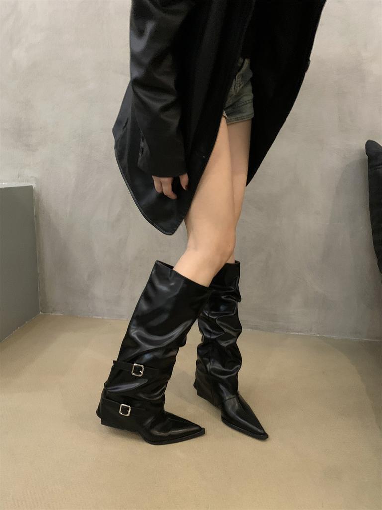 Fashion Knee-high Square Heel Long Boots Winter Slip-on Ladies Shoes on Sale 2025 Spring Autumn Pointed Toe Low Heel Punk Women's Botas