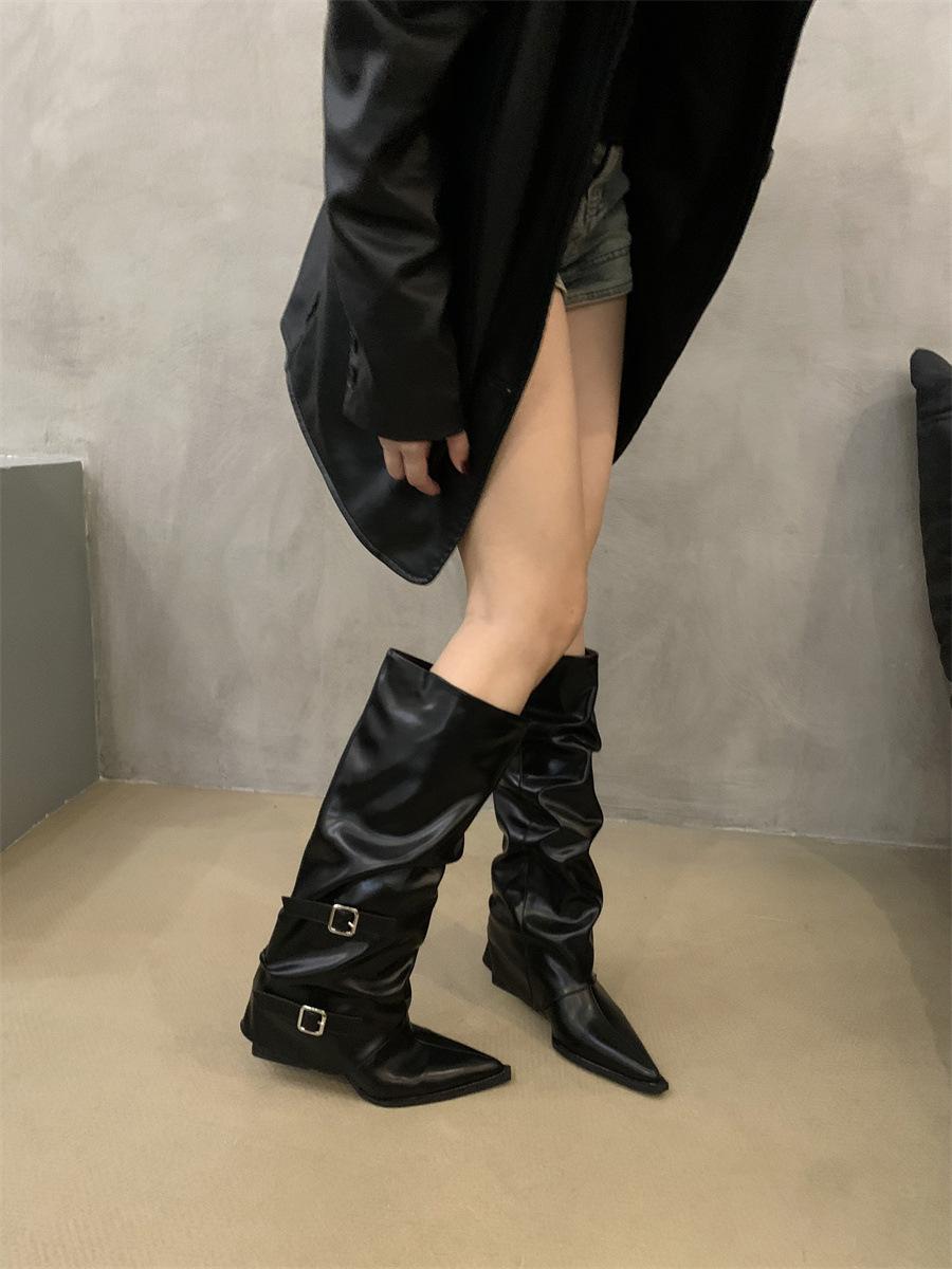 

Fashion Knee-high Square Heel Long Boots Winter Slip-on Ladies Shoes on Sale 2025 Spring Autumn Pointed Toe Low Heel Punk Women s Botas 35 чёрный