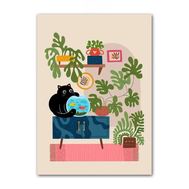 Black Cat Poster Canvas Painting Lovers Gift Wall Art Mural House Potted Plant Print Picture Living Room Home Decor Frameless