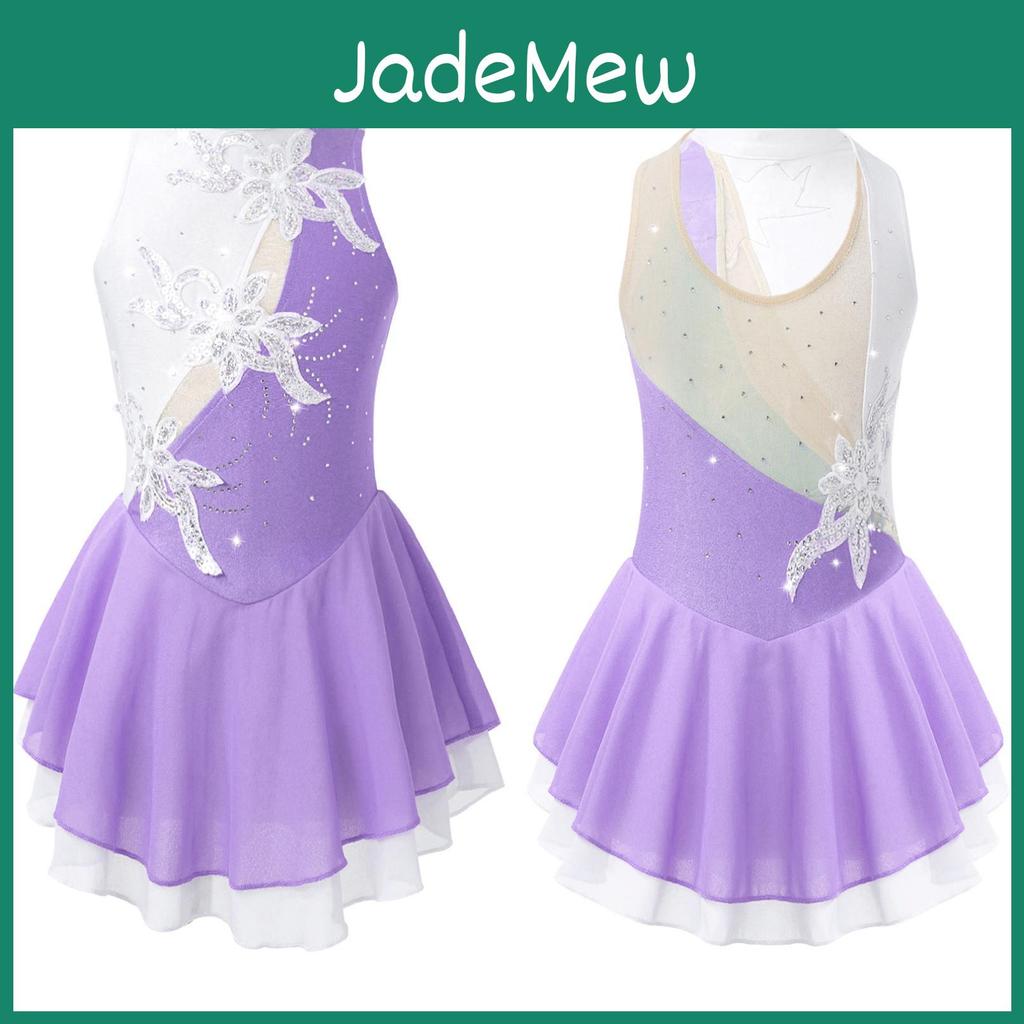 Sequins Girls Mesh Floral Kids Leotard Dress Ice Roller Figure Skating Dancewear