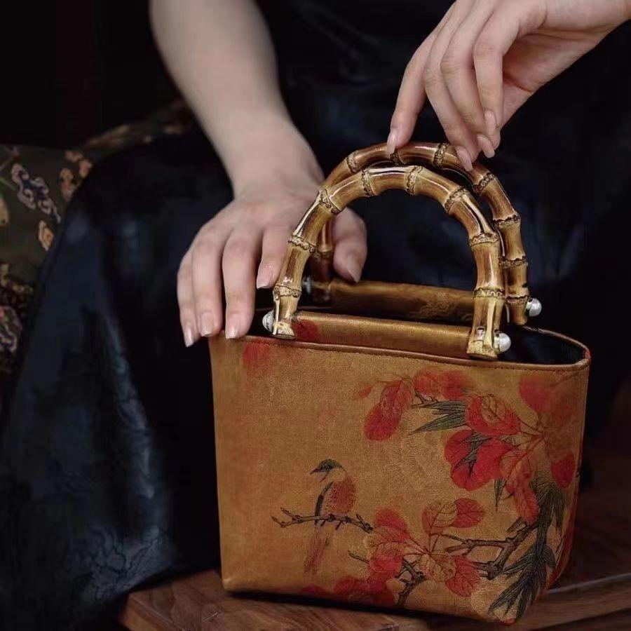 IELGY original design fragrant cloud yarn bamboo cheongsam handbag, new Chinese style retro Hanfu bamboo handle handbag
