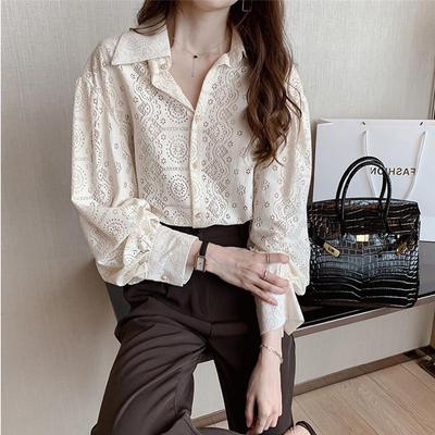 Women's Korean-Style Lace Cotton Long-Sleeve Shirt - Niche, Fashionable, & Loose Fit