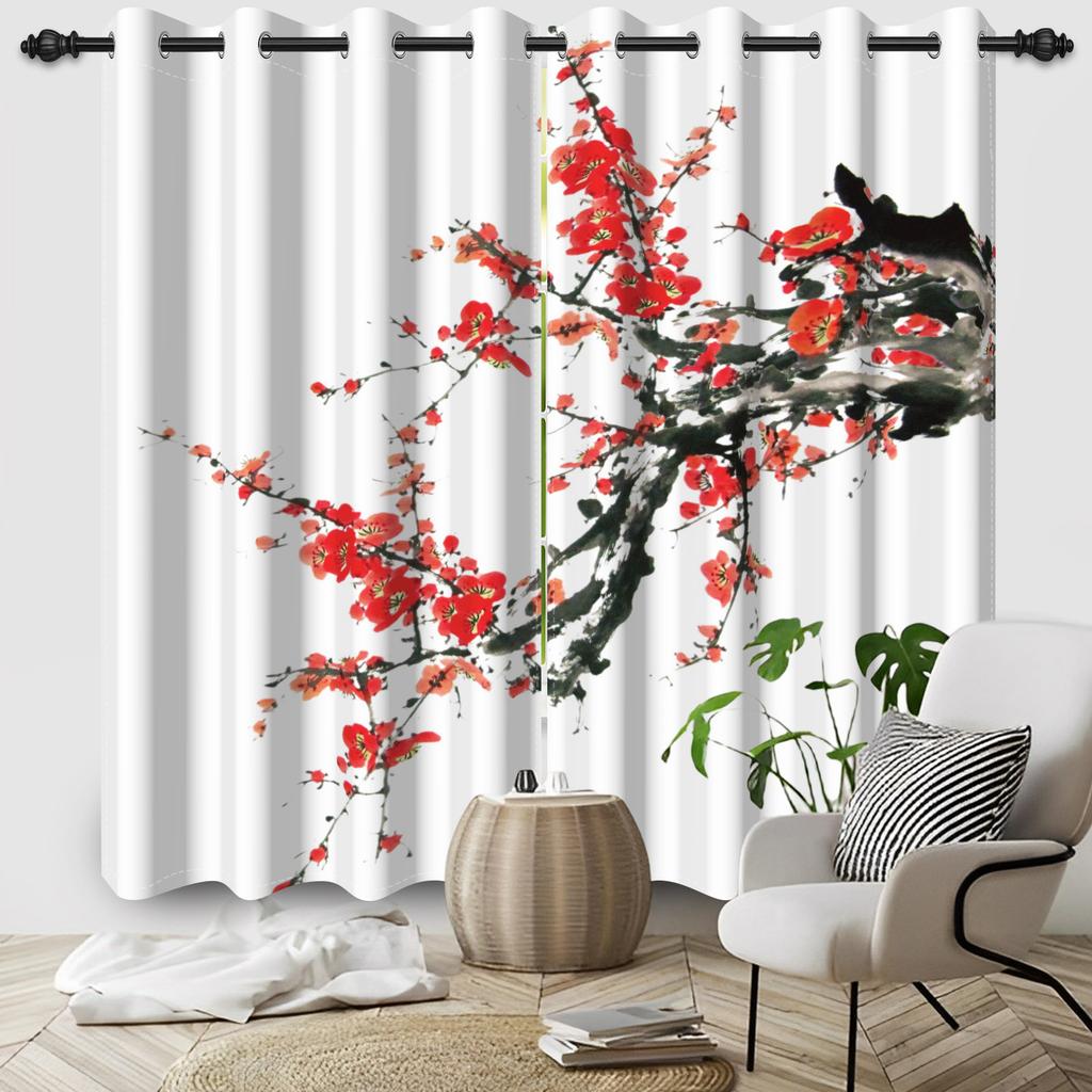 2pcs/Set Cherry Blossom Window Curtain Japanese Scenery Mount Fuji Sun Bedroom Living Room Polyester Blackout Soundproof Curtain