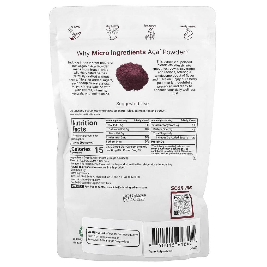 Micro Ingredients, Organic Acai Powder, Freeze-Dried, 8 oz (227 g)