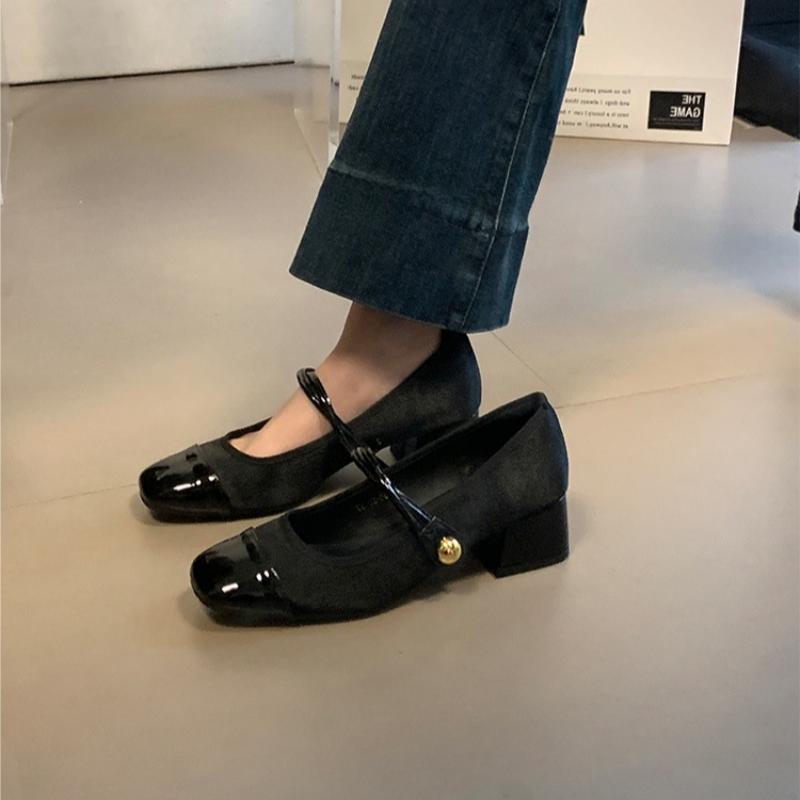 Women's Mixed Color High Heels Buckle Mary Jane Shoes Black Toe High Heels Fashion Patchwork Women Heels