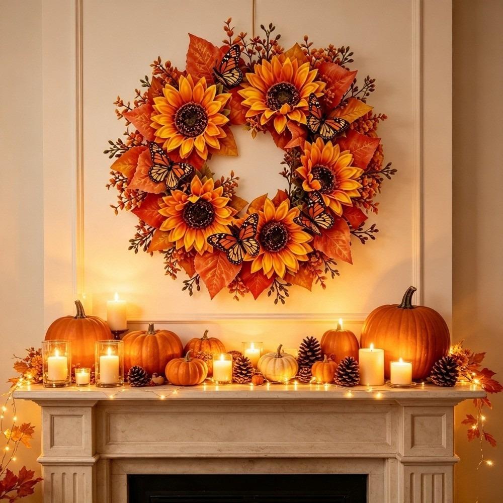 Thanksgiving Halloween Christmas Door Wreath Artificial Sunflower Wreath Indoor Outdoor