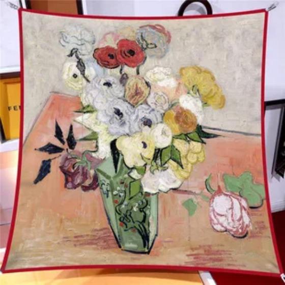 Oil Painting Four Seasons Luxury Square Silk Scarves Europe And America Fashion Bandannas New Twill Print Sunscreen Shawls