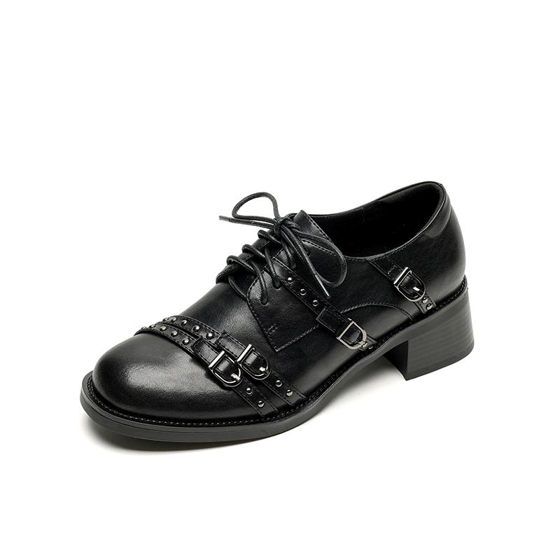 Fashion NEW Spring/Autumn Women Loafers Round Toe Chunky Heel Shoes Split Leather Shoes Women Rivet Lace-up Women Pumps Handmade Shoes