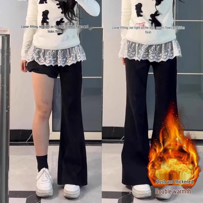 Women's High-Waist Black Micro-Flare Non-Stick Jeans - Plus Size, Wide Leg, Floor-Length, Autumn Collection