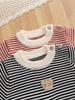 Newborn Cotton Stripe Knit Romper with Bear Embroidery, Color Block, Round Neck & Snap Crotch