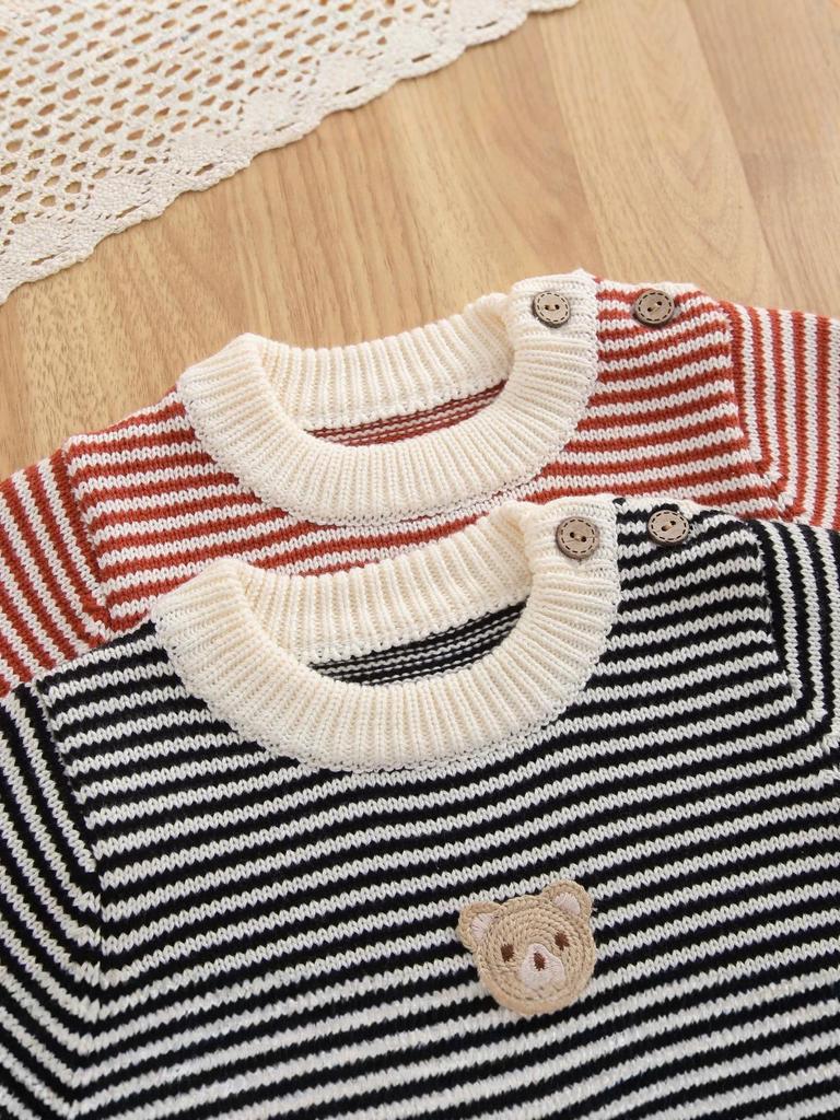 Newborn Cotton Stripe Knit Romper with Bear Embroidery, Color Block, Round Neck & Snap Crotch