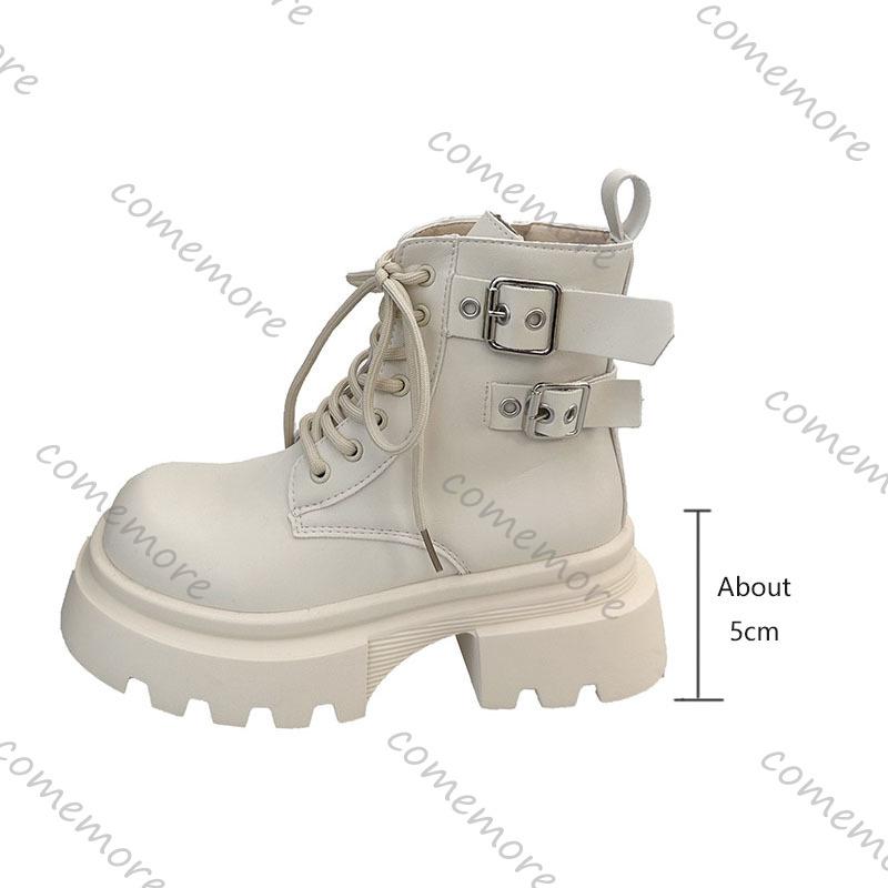 Fashion Comemore New Fashion Ankle Boots Female Belt Buckle Solid Color Autumn Thick Bottom Women Shoe Lace-up Middle Heel Botines Mijer